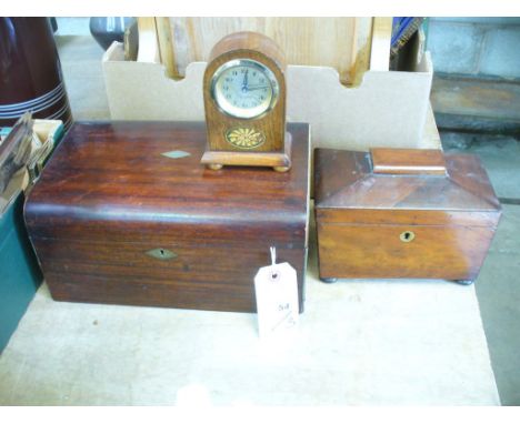 A 19th Century mahogany sewing box silk lined with a compartmentalised removable tray, a 19th Century mahogany sarcophagus sh