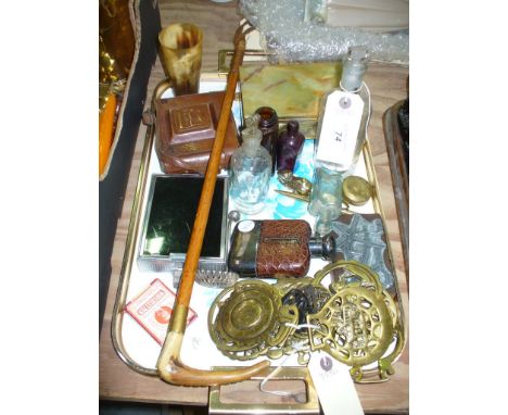 Sundry items including a horn handled crop, cased camera, onyx cigarette box, collection of horse brasses, faux crocodile ski