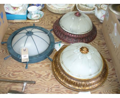 Three assorted flush ceiling light fittings to include a ships wheel example.