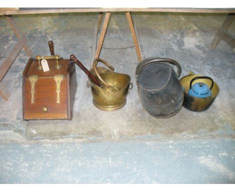 A Victorian walnut coal scuttle, cooper coal helmet , brass skellet, enamelled kettle, etc. (6)