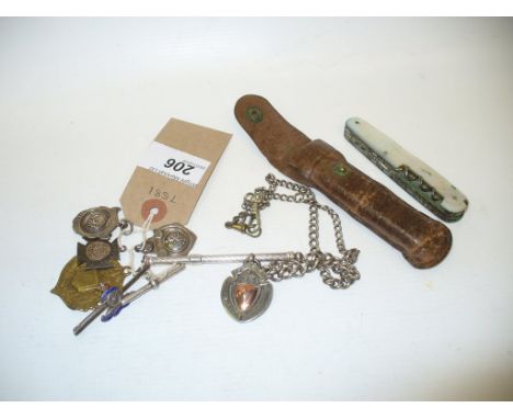 A Mother of pearl handled pocket knife, silver and white metal fobs and medallions, white metal chain, etc. CONDITION REPORT: