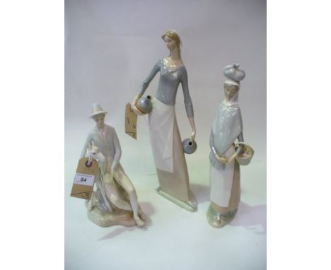 A Nao figure of a girl carrying flagons, a Lladro figure of a girl holding a basket and 1 other . (3)