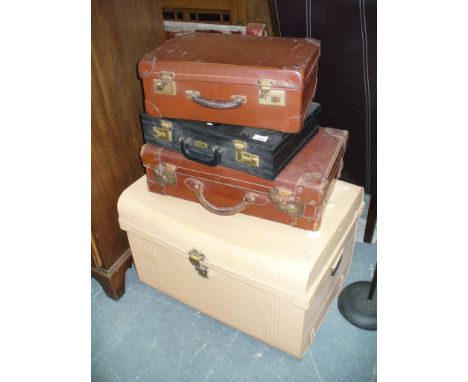 A Painted tin trunk, 2 vintage cases and a brief case.