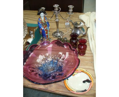 A Murano coloured glass heavy bowl, a Lorna Bailey art deco style plaque, a ceramic figurine Japanese geisha , a pair of Bohe