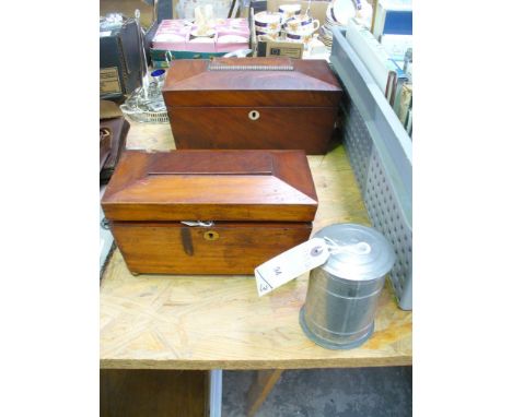 A 19th Century mahogany sarcophagus shaped tea caddy , a second smaller example and a German Humidor pewter cylindrical cigar