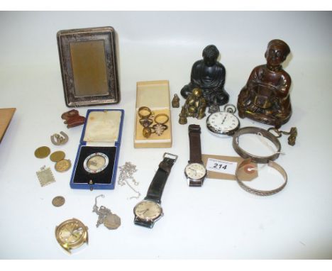 A Rectangular silver photograph frame, stop watch, gents Timex wrist watch, various pendants, a bronzed model of a Chinese kn