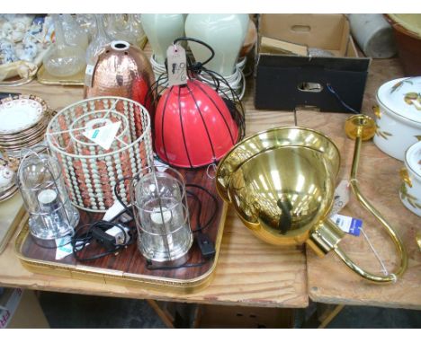  A hanging pendant light with a black wire work cage and a pair of chromed domed glass table lamps with chromed cages , a ham