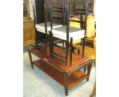 A Set of 4 ebonised G Plan dining chairs with white leatherette  seats and a 1960,s / 70's coffee table. (5)