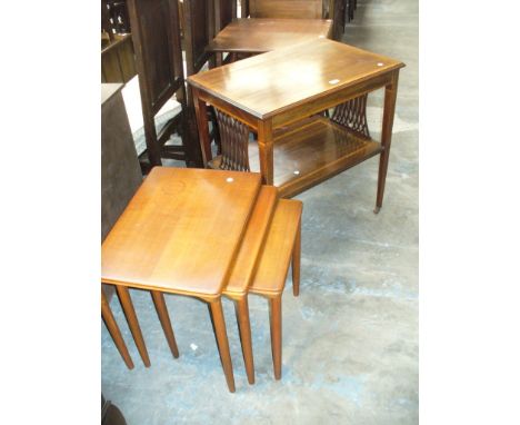 An Edwardian inlaid mahogany two tier occasional table and a 1960's nest of three tables. (2)