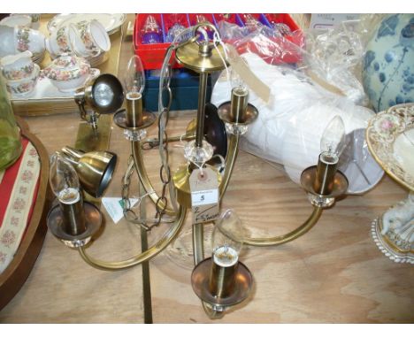 A Hanging brushed metal five branch ceiling fitting c/w shades (AB/WH ) and a brushed metal twin spot light bar.


