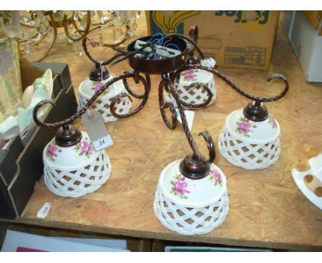 A Painted metal five branch ceiling light fitting with ceramic open work lattice shades. (5 LT BZ )

