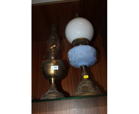 AN UNUSUAL BLUE GLASS OIL LAMP PLUS ANOTHER