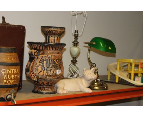 A GREEK STYLE VASE AND COLUMN VASE, PLUS DESK LAMP ETC
