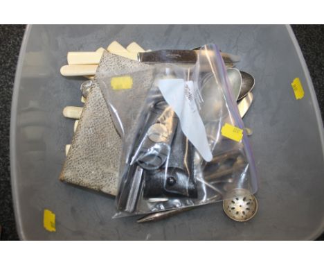 A BOX OF SILVER PLATED FLATWARE TOGETHER WITH CIGAR CUTTERS + ACCESSORIES