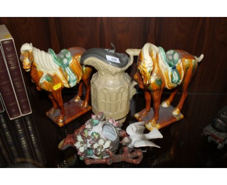 A PEWTER TOPPED CHARLES LEIGH JUG TOGETHER WITH A PAIR OF CERAMIC HORSES + A WALL POCKET  (4)