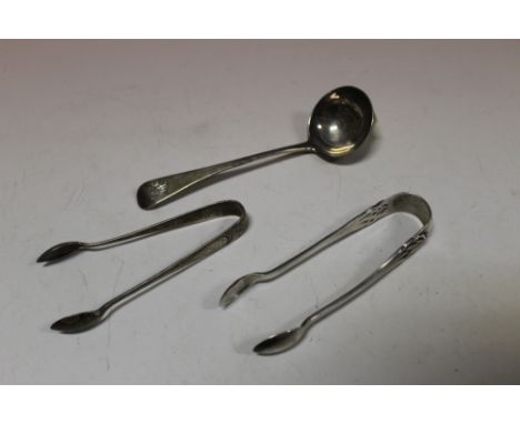 A HALLMARKED SILVER TODDY LADLE TOGETHER WITH TWO HALLMARKED SILVER SUGAR TONGS