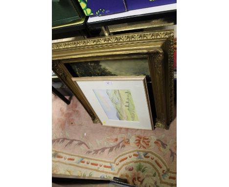 A SMALL FRAMED WATERCOLOUR, GILT FRAMED & A PRINT (3)