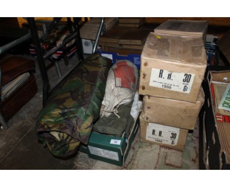 SIX BOXES OF 50'S NAVY HATS PLUS A TRAY OF ARMY RELATED ITEMS