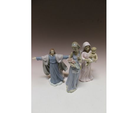 A NAO FIGURE OF A LADY HOLDING A BOUQUET OF FLOWERS TOGETHER WITH A LEONARDO RELIGIOUS FIGURE AND ANOTHER (3)