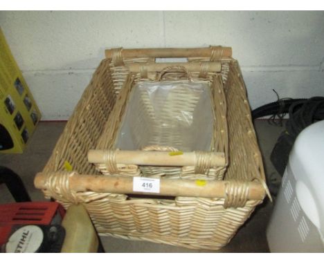 THREE WICKER BASKETS &amp; AN UPHOLSTERED STOOL
