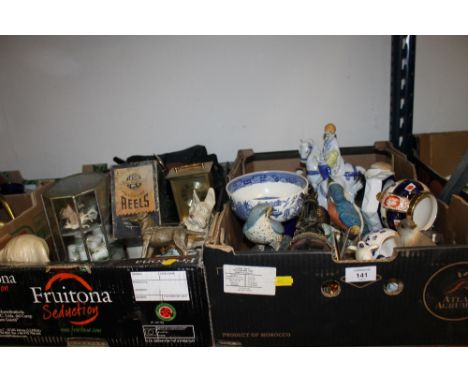 TWO TRAYS OF CERAMICS & SUNDRIES TO IN SYLVAC DOGS, VINTAGE REEL ETC