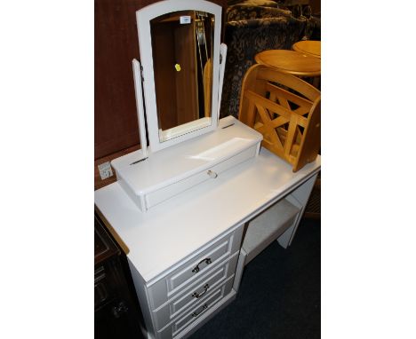 A MODERN WHITE DRESSING TABLE, MIRROR & STOOL