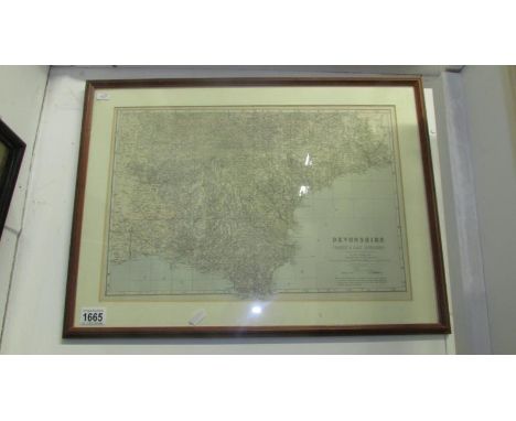 A framed and glazed map of Devonshire (south and east divisions) from ordnance survey by Edward Weller F.R.G.S.