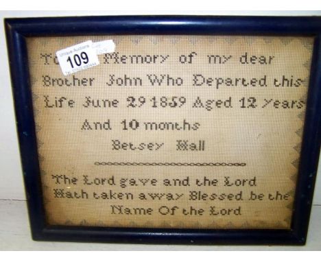 An unusual 'In memorium' sampler dated 1859