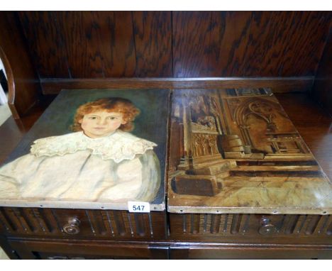 An oil on canvas portrait of a boy, signed A.E. White 1903 & an oil on canvas of a church interior