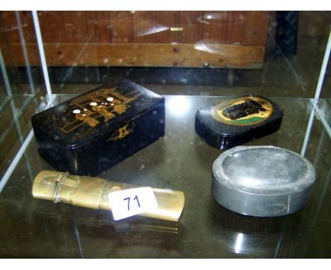 A good Japanese papier mache table snuff box, a pewter pears soap dish, brass container and 1 other box