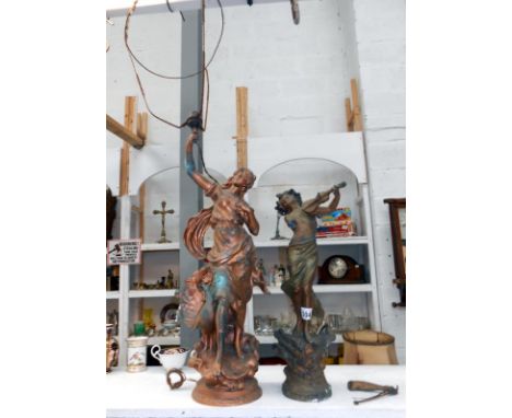 Victorian spelter figure lamp and a figure playing violin a/f