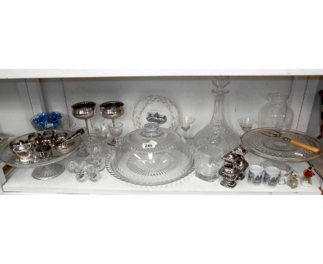 Shelf of glass and silver plate inc. cake stands, decanter etc.