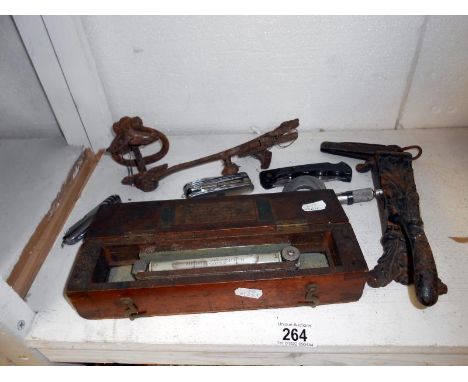 Misc. including door knocker, spirit level, pocket knives, etc.