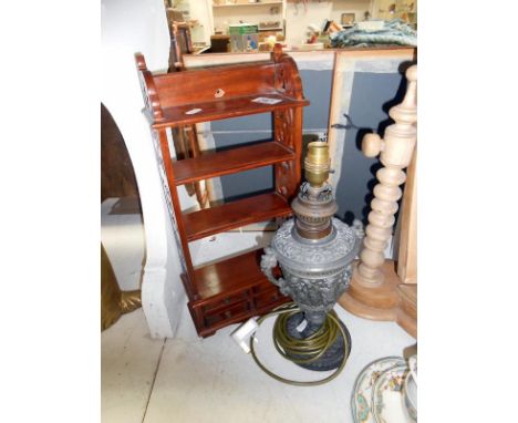 Victorian spelter oil lamp converted to electric and a small mahogany shelf unit