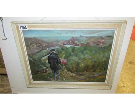 An oil on board of an artist at his easel with Whitby Abbey in the distance signed R P Garrod 1975