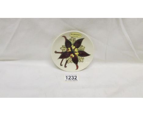 A Moorcroft Columbine pin dish with original label, first quality