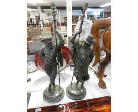 A pair of 19th century cast metal gas table lamp bases (early conversion to electric) Pikemen figurines