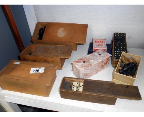 4 wood chess sets, 3 domino sets inc. marble & bone & playing cards