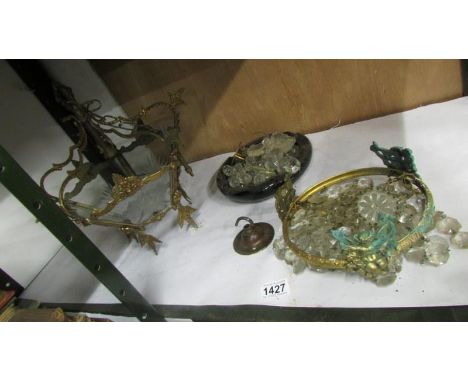 An ormolu brass basket crystal ceiling light and one other