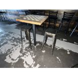 LOT OF: (1) 24" X 24" HI-TOP SQUARE TABLE WITH CHESS/CHECKERS LAYOUT AND (2) METAL STOOLS