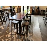 LOT OF: (1) 10' L X 17.5" WIDE WOODEN TABLE AND (8) METAL STOOLS W/ WOOD TOP SEAT