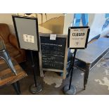 LOT OF: (1) 2-SIDED CHALKBOARD (SANDWICH BOARD) APPROXIMATELY 40" TALL, and (2) ADJUSTABLE SIGNAGE S