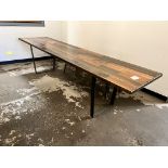 10' L X 30" WIDE WOODEN TABLE APPROXIMATELY 30" WIDE W/ METAL FRAME LEGS (TABLE ONLY)