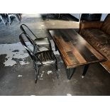 LOT OF: (1) APPROXIMATELY 50" L X 25" W WOODEN COFFEE TABLE AND (2) METAL CHAIRS