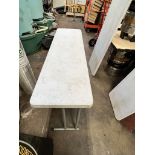 LOT OF: (3) 5' LONG X 17" WIDE TABLES W/ FOLDING LEGS, AND (1) 4' WHITE FOLDING TABLE