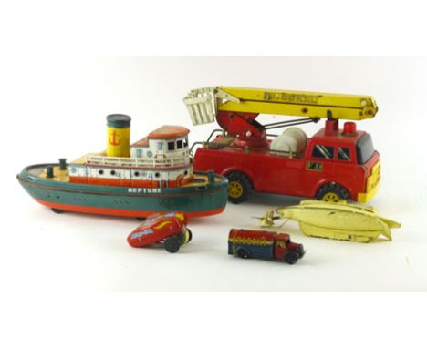 A collection of tinplate toys comprising of a wind up Neptune steam boat, a Korean made Snorkel fire engine, submarine, oil t