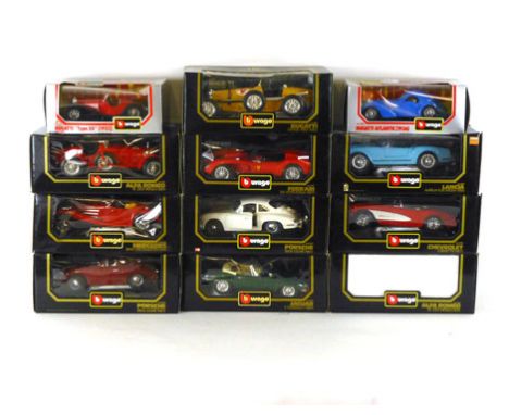 Ten Burago 1/18 scale models including Alfa Romeo 8C 2300 Monza and others, together with two Burago 1/24 scale models, each 