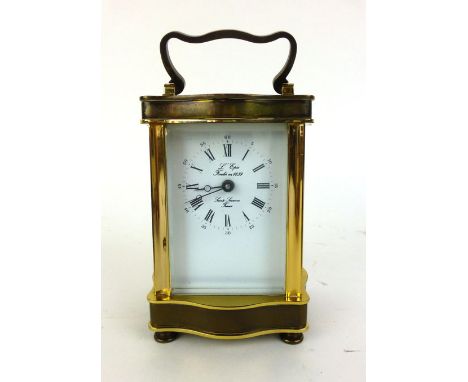 A French five glass and brass cased carriage clock, the enameled face with Roman and Arabic numerals, signed L' Epee, Sainte-