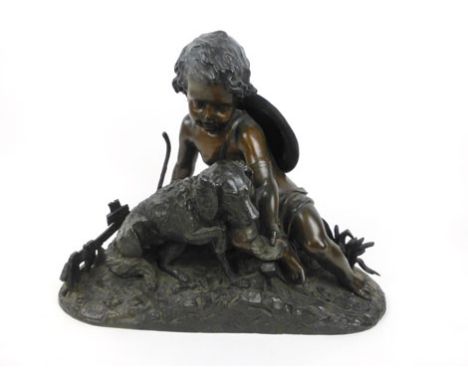 A 19th century bronze figural group of a young boy with a dog drinking from a scalloped shell, with signature to front 'Peiff