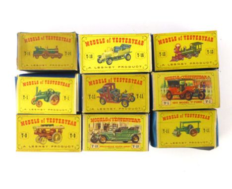 Nine boxed Lesney Model of Yesteryear vehicles numbered Y-11, Y-9, Y-13, Y-15, Y-11, Y-14, Y-1, Y-1 (Alchin Traction Engine) 